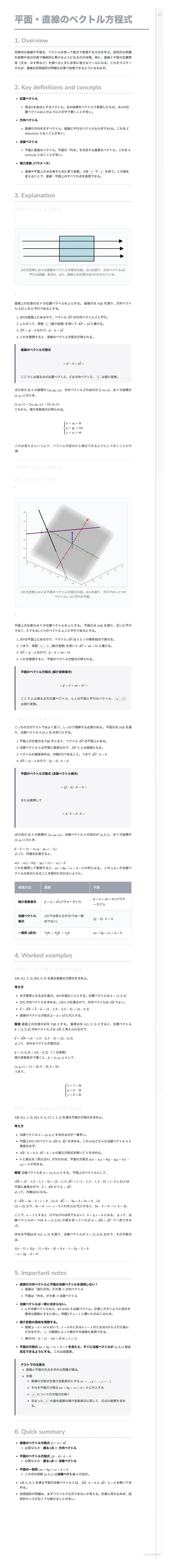 # 平面・直線のベクトル方程式

1. Overview

2. Key definitions and concepts

*   **ベクトル方程式**
    *   ベクトル方程式とは、ベクトルを用いて図形（直線、平面、円など）を表す方程式のことです。

*   **位置