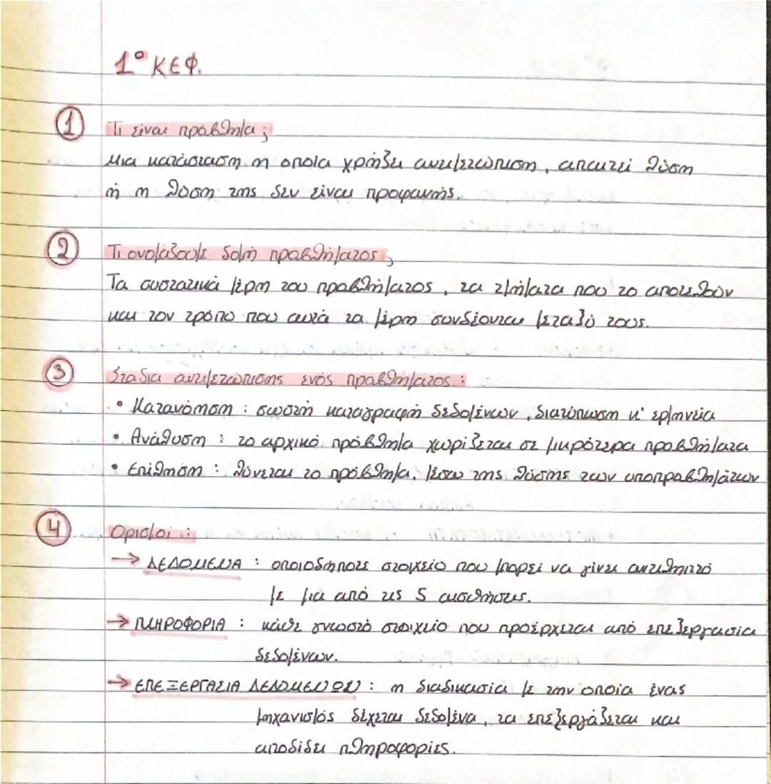 1ο ΚΕΦ.
① Τι είναι πρόβλημα;
Μια κατάσταση η οποία χρήζει αντιμετώπιση, απαιτεί λύση
ή η λύση της δεν είναι προφανής.
② Τι ονομάζουμε δομή π