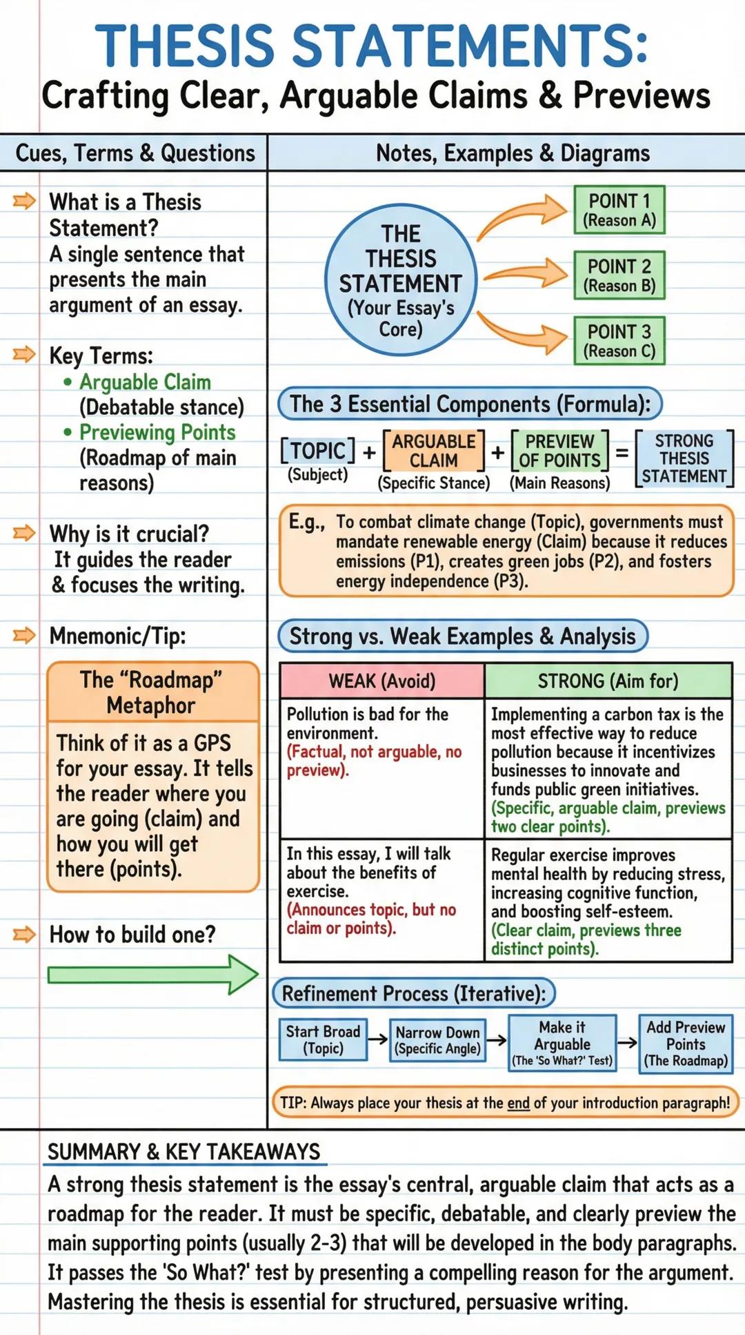 # THESIS STATEMENTS:
Crafting Clear, Arguable Claims & Previews

| Cues, Terms & Questions | Notes, Examples & Diagrams |
|---|---|
| ➡What 
