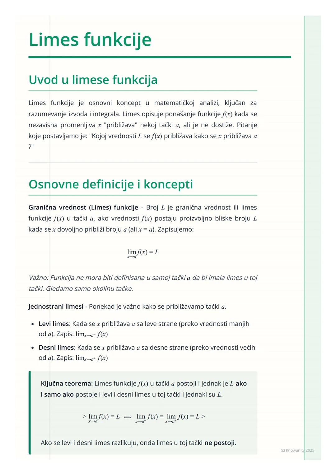 # Limes funkcije

## Uvod u limese funkcija

Limes funkcije je osnovni koncept u matematičkoj analizi, ključan za
razumevanje izvoda i integ