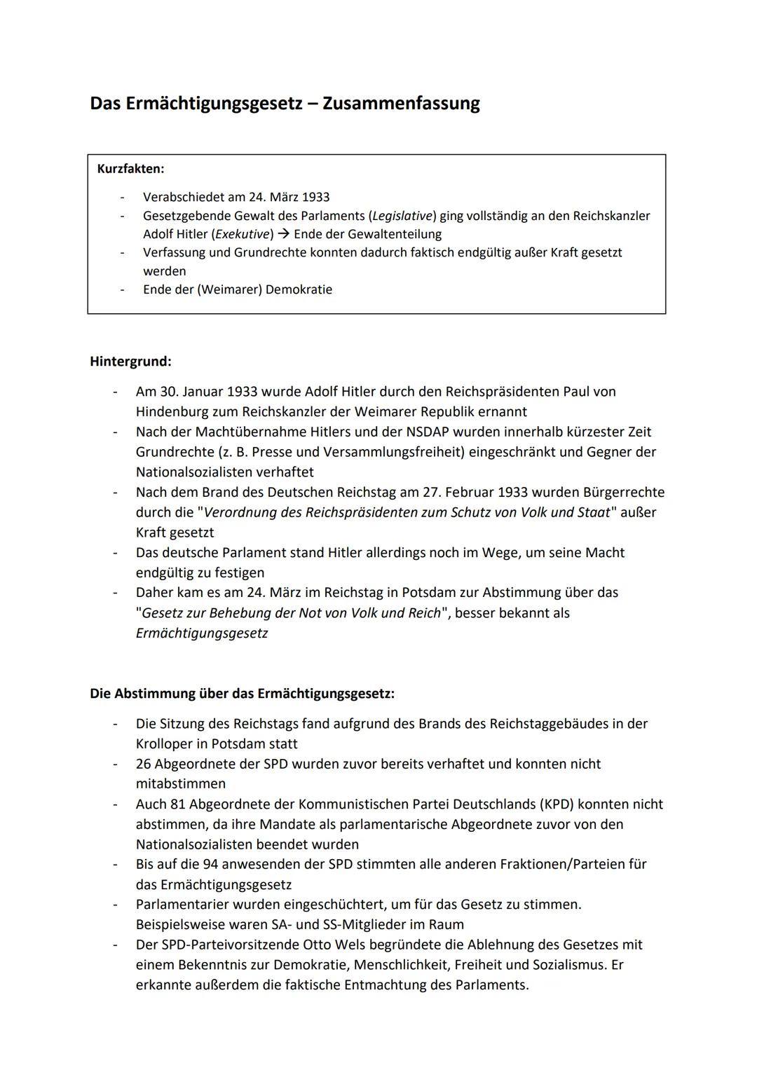 # Das Ermächtigungsgesetz - Zusammenfassung

Kurzfakten:

- Verabschiedet am 24. März 1933
- Gesetzgebende Gewalt des Parlaments (Legislativ