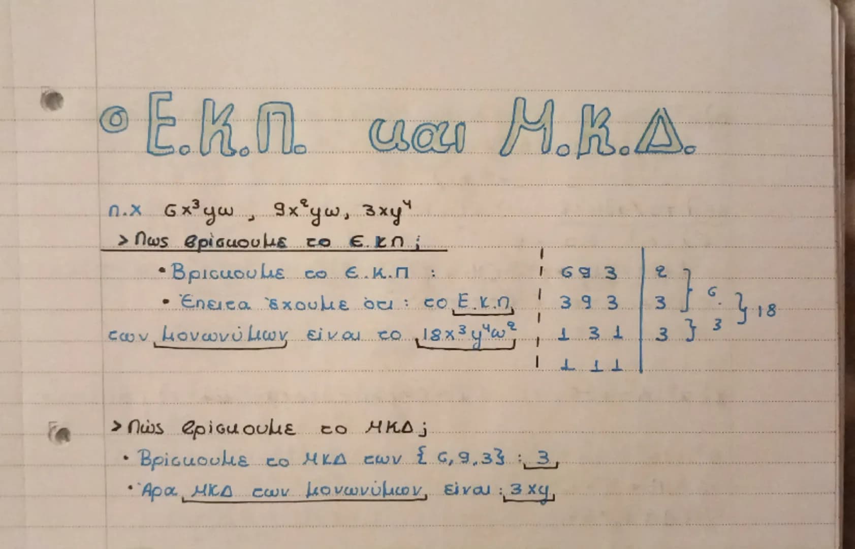 # • Ε.Κ.Π. και Μ.Κ.Δ.

n.x $6x^{3}yw$, $9x^{2}yw$, $3xy^{4}$
> Πως βρίσκουμε το Ε.Κ.Π;
- Βρίσκουμε το Ε.Κ.Π. : | 693 | 2 }
- Έπειτα έχουμε ό