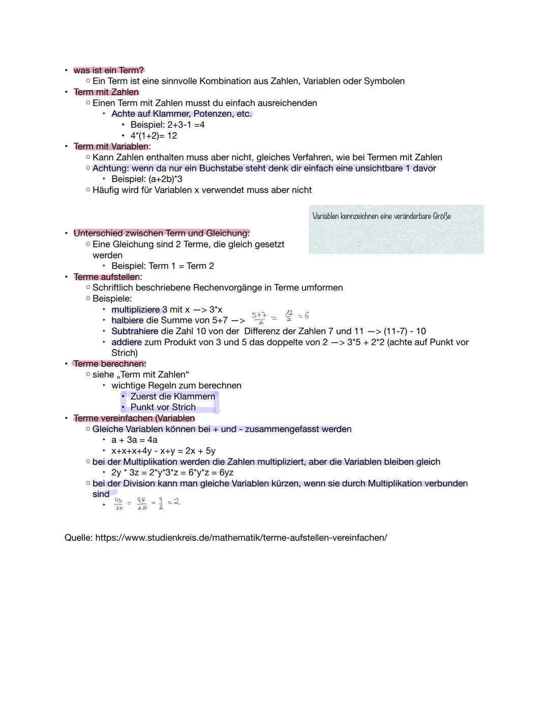 - was ist ein Term?
    *   Ein Term ist eine sinnvolle Kombination aus Zahlen, Variablen oder Symbolen
- Term mit Zahlen
    *   Einen Term