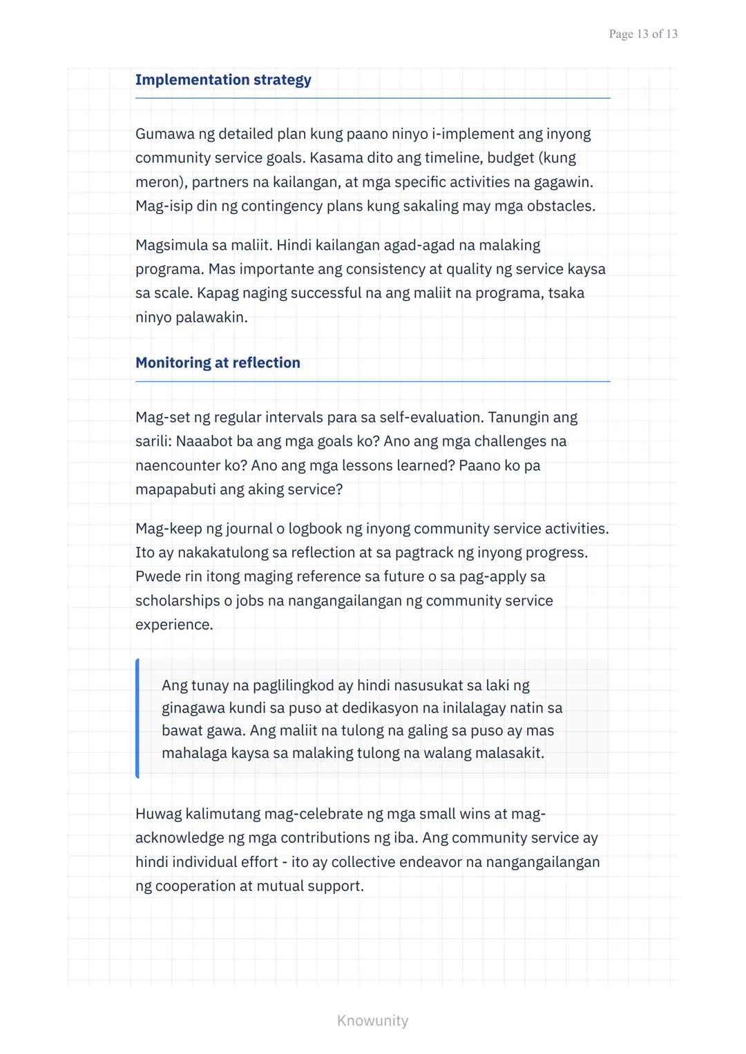 Pagpapalalim sa Pagkilala sa Sarili at Pakikipagkapwa sa
Komunidad
Pag-unawa sa pagtulong sa kapwa at paglilingkod
sa komunidad
Mga Layuning