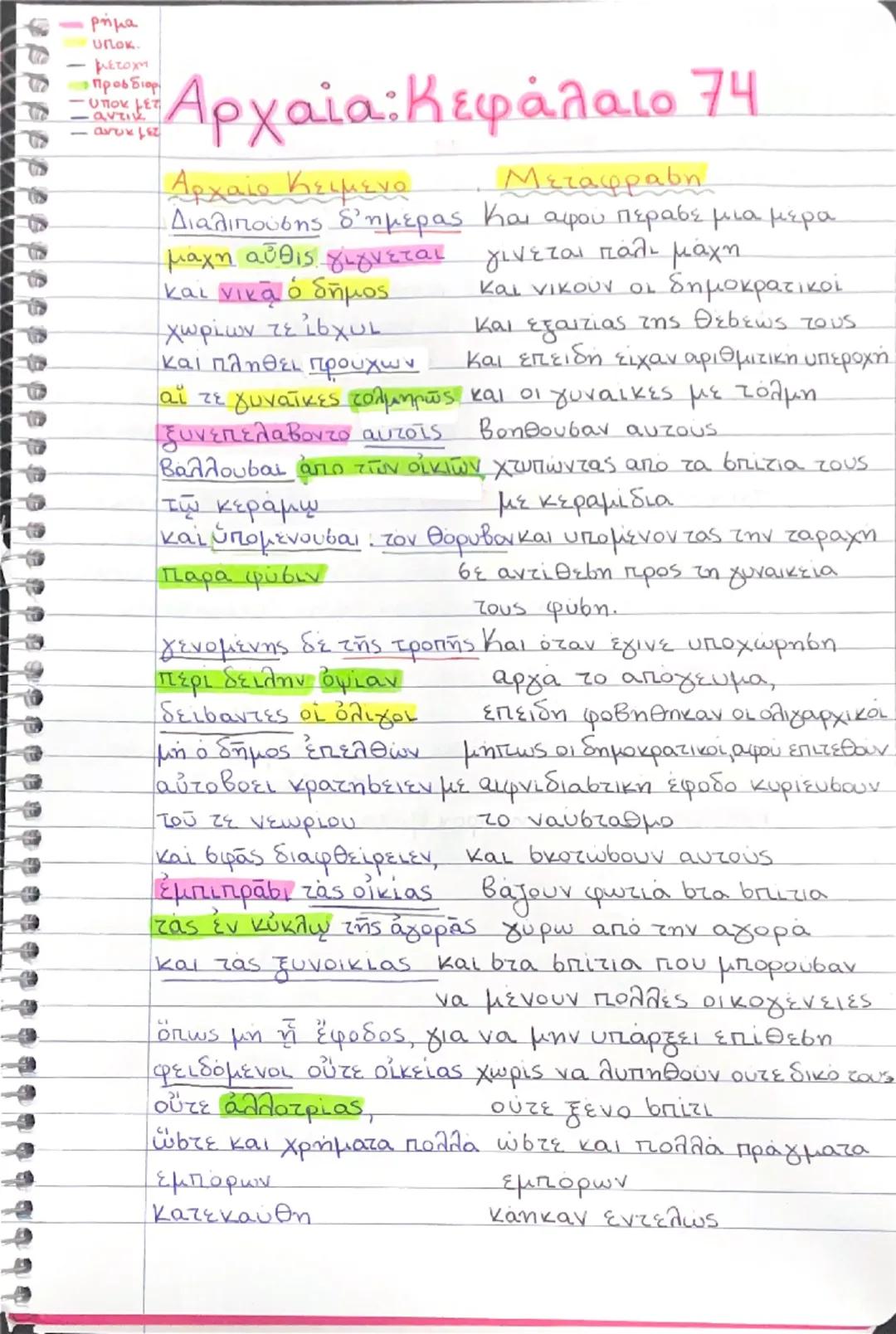 - ρήμα
- υποκ.
- μετοχή
- προσδιορ
- ύπου μετ
- αντικ
- αντικμετ

# Αρχαία: Κεφάλαιο 74

Αρχαίο Κειμενο | Μετάφραση
---|---
Διαλιπούσης δ' η