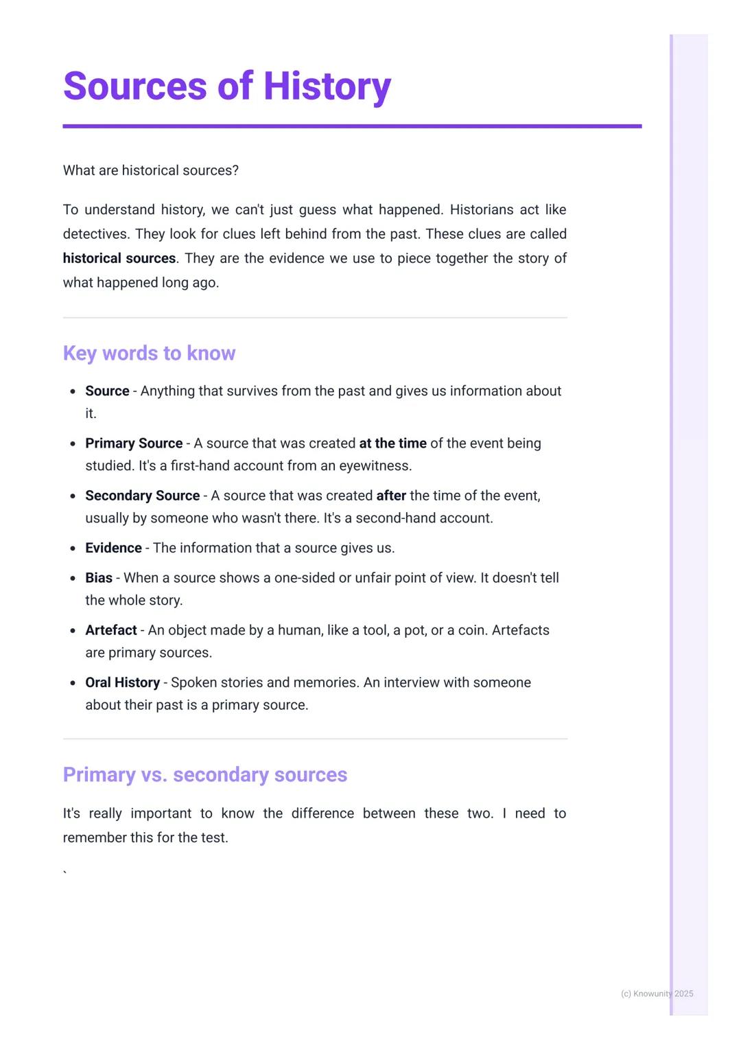 # Sources of History

What are historical sources?

To understand history, we can't just guess what happened. Historians act like
detectives