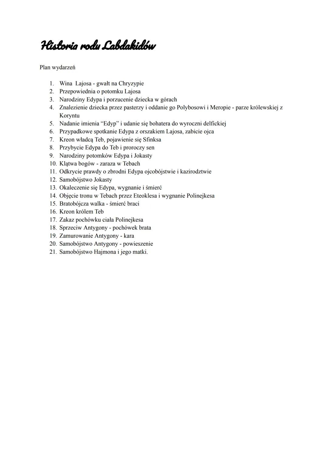 # Historia rodu Labdakidów

Plan wydarzeń

1. Wina Lajosa - gwałt na Chryzypie
2. Przepowiednia o potomku Lajosa
3. Narodziny Edypa i porzuc