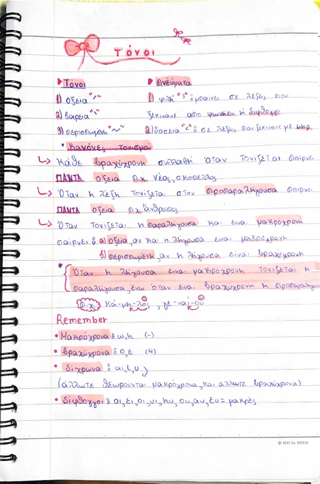 --- OCR Start ---
Οι τόνοι
• Τόνοι
1) οξεία"
2) βαρεία""
3) περισπωμένη""
• πνεύματα
1) ψιλή "λ" μπαίνει σε λεξεις που
ξεκινάνε από φωνήεν ή