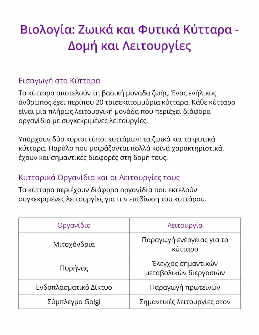# Βιολογία: Ζωικά και Φυτικά Κύτταρα -
# Δομή και Λειτουργίες

## Εισαγωγή στα Κύτταρα

Τα κύτταρα αποτελούν τη βασική μονάδα ζωής. Ένας ενή