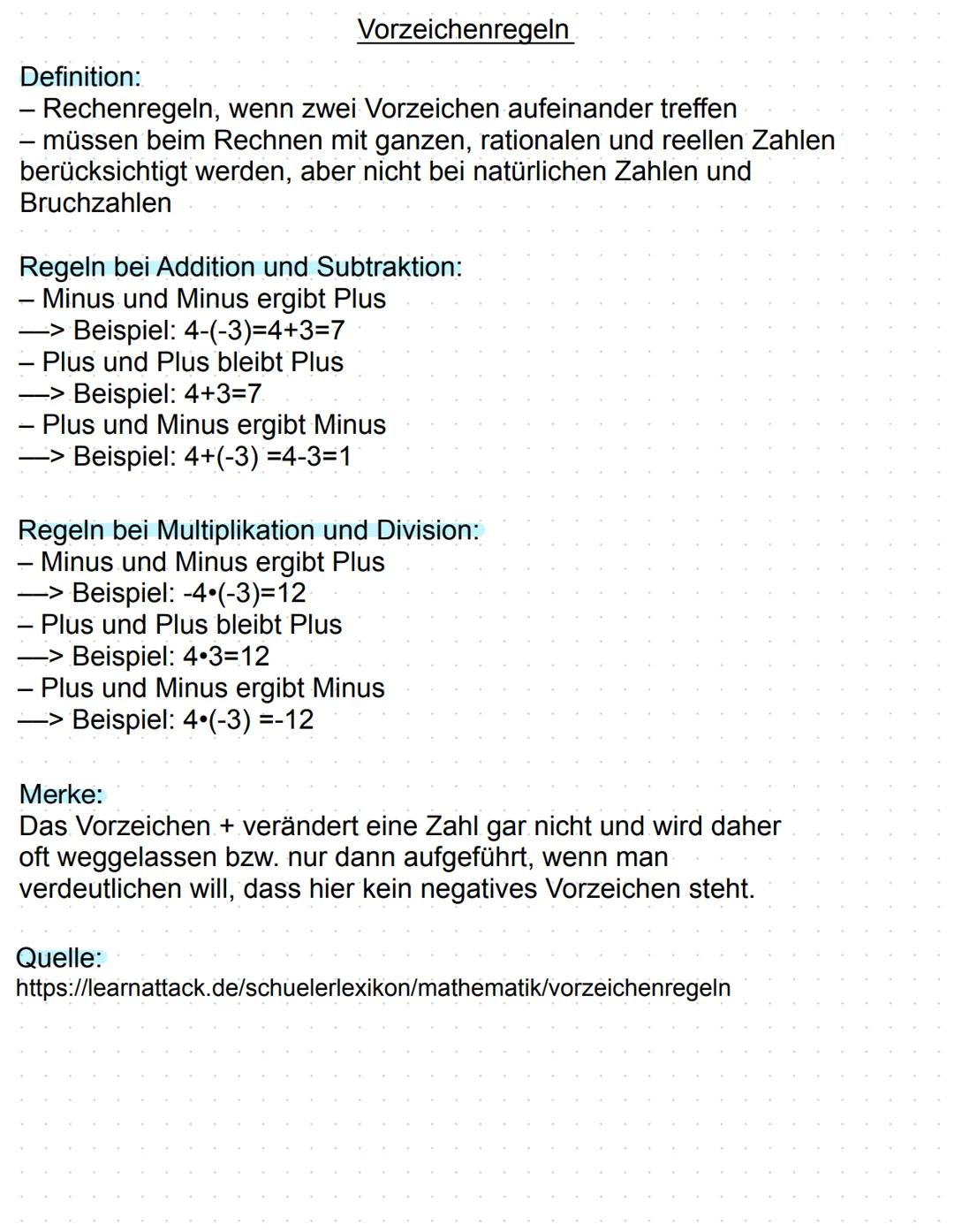 # Vorzeichenregeln

Definition:
- Rechenregeln, wenn zwei Vorzeichen aufeinander treffen
- müssen beim Rechnen mit ganzen, rationalen und re