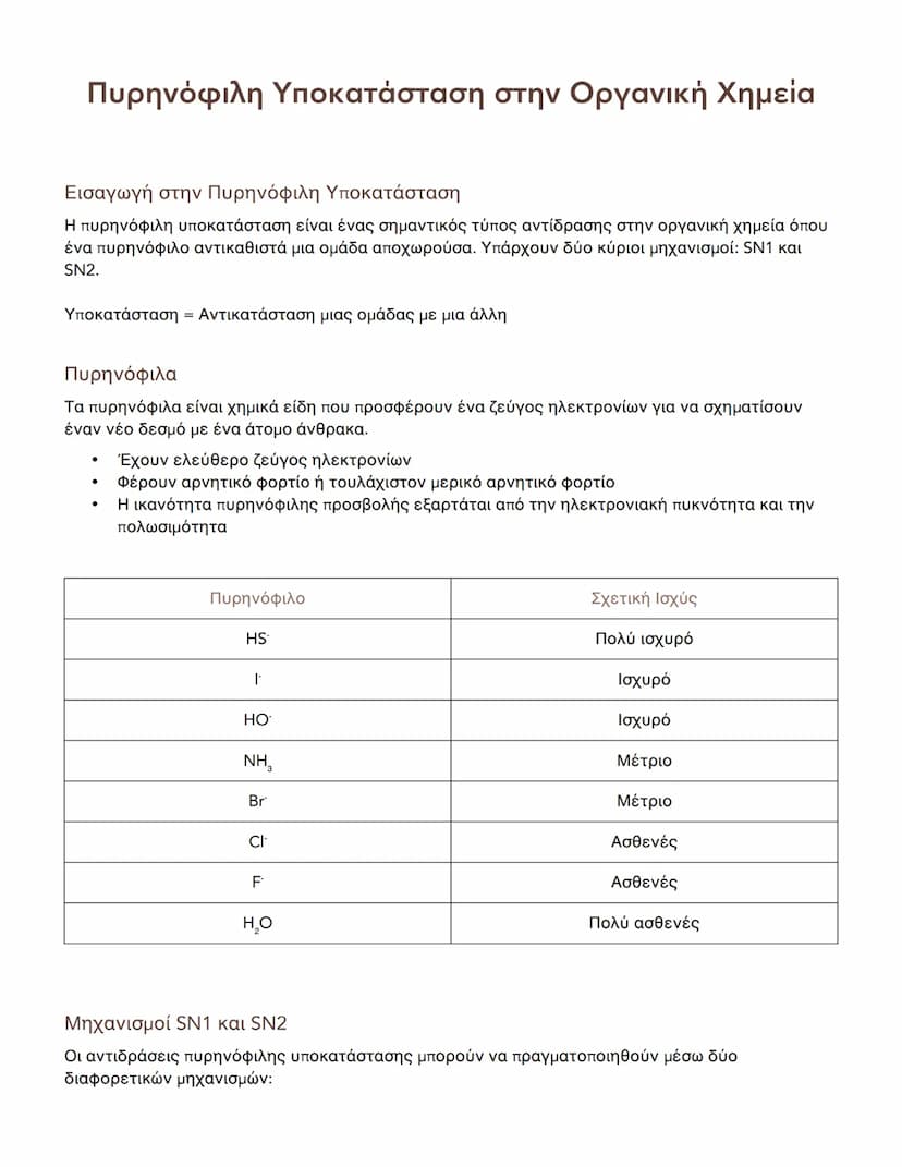 # Πυρηνόφιλη Υποκατάσταση στην Οργανική Χημεία

Εισαγωγή στην Πυρηνόφιλη Υποκατάσταση
Η πυρηνόφιλη υποκατάσταση είναι ένας σημαντικός τύπος 
