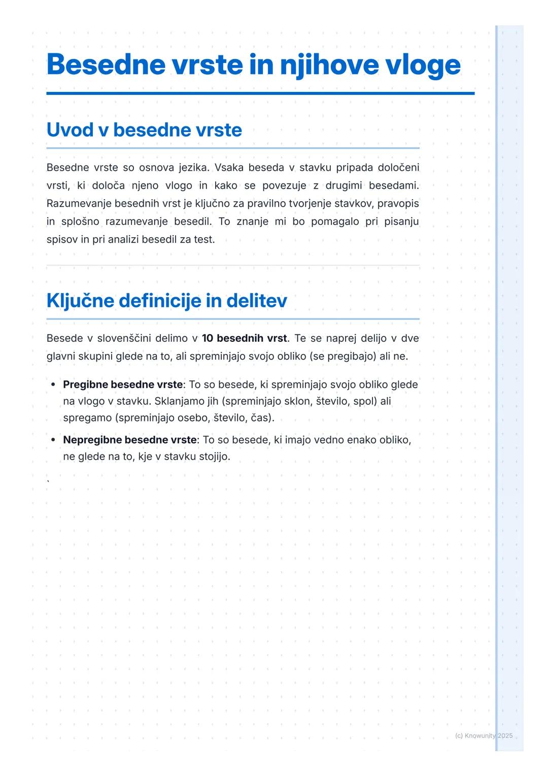 # Besedne vrste in njihove vloge

## Uvod v besedne vrste

Besedne vrste so osnova jezika. Vsaka beseda v stavku pripada določeni
vrsti, ki 