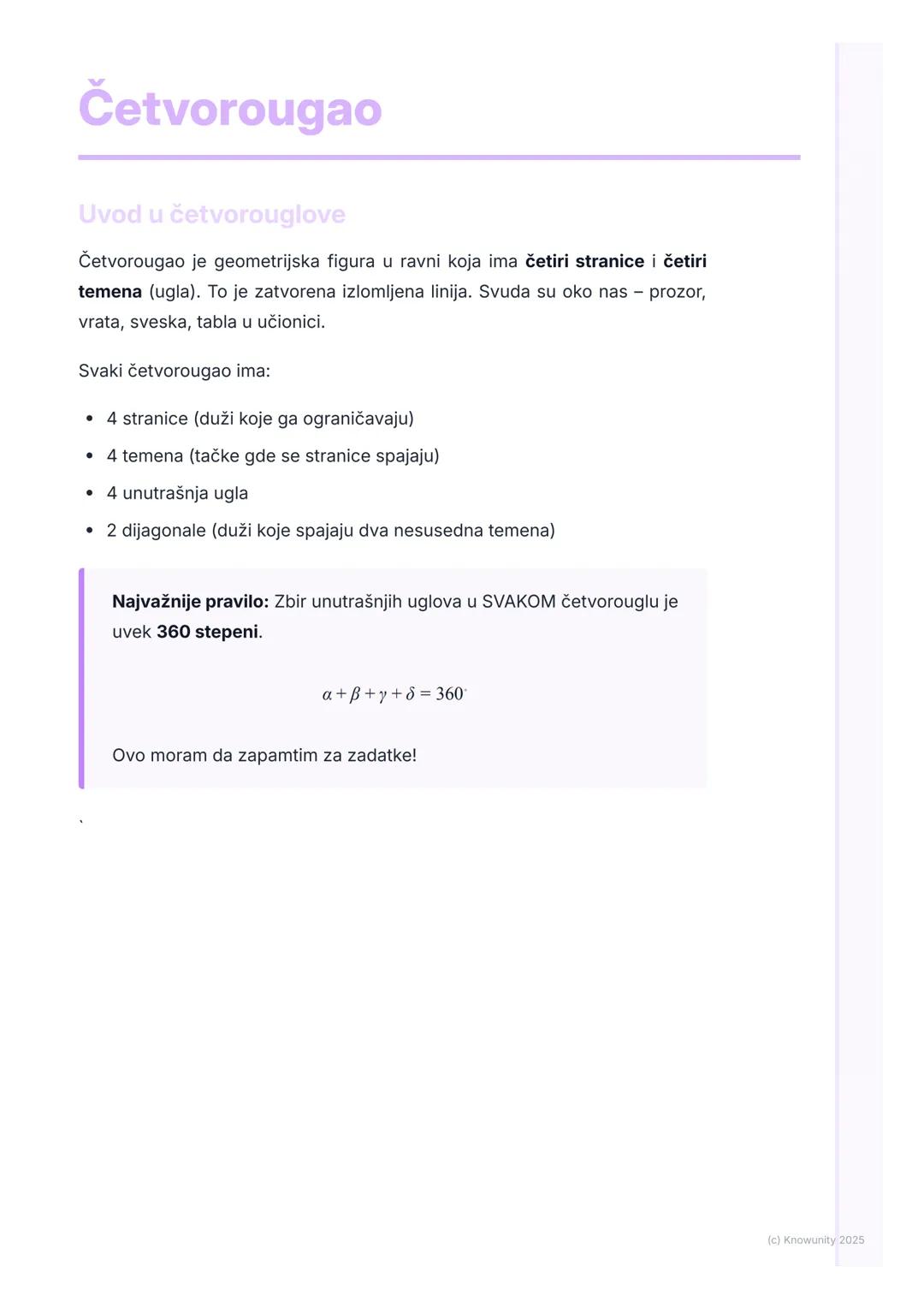 # Četvorougao

Uvod u četvorouglove

Četvorougao je geometrijska figura u ravni koja ima četiri stranice i četiri
temena (ugla). To je zatvo