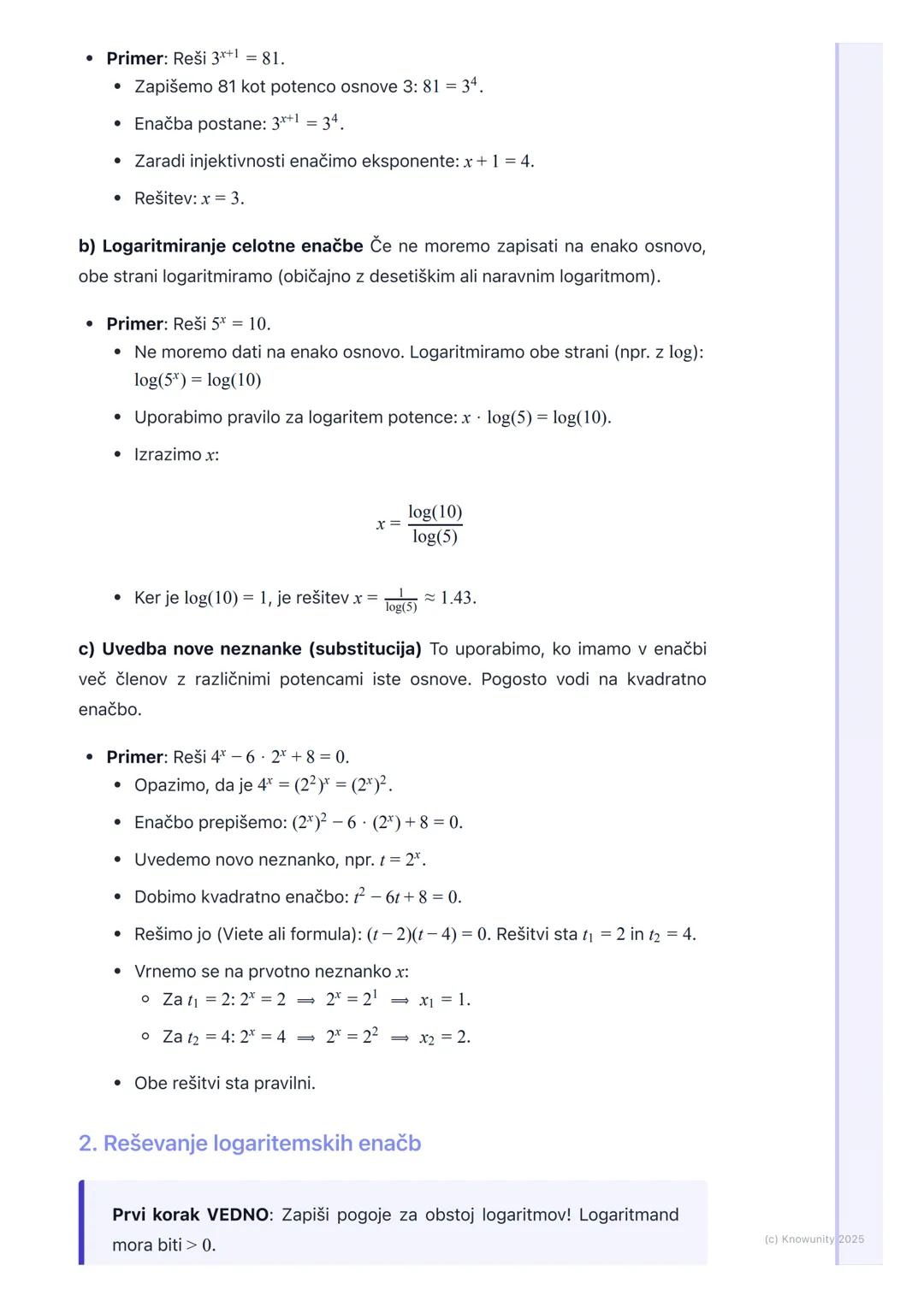 # Eksponentne in logaritemske
enačbe ter neenačbe

Uvod in pregled

Eksponentne in logaritemske enačbe so tiste, kjer se neznanka x pojavi v