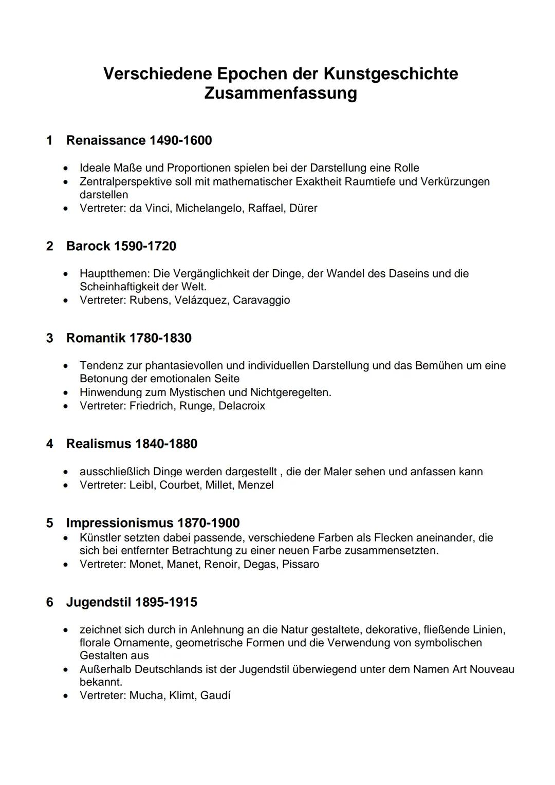 # Verschiedene Epochen der Kunstgeschichte
Zusammenfassung

1 Renaissance 1490-1600

- Ideale Maße und Proportionen spielen bei der Darstell