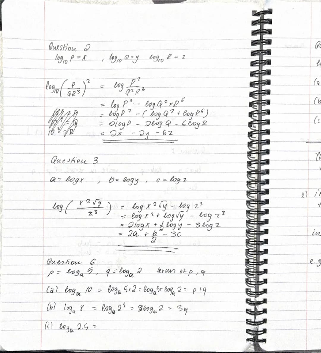 # $ln(x^2 - y^2) = ln[(x-y)(x+y)]$
$= ln|x-y| + ln|x+y|$

2) $log_2 \frac{3x^5}{y^3} = log_2 3x^5 - log_2 y^3$
$= log_2 3 + 5log_2 x - 3log_