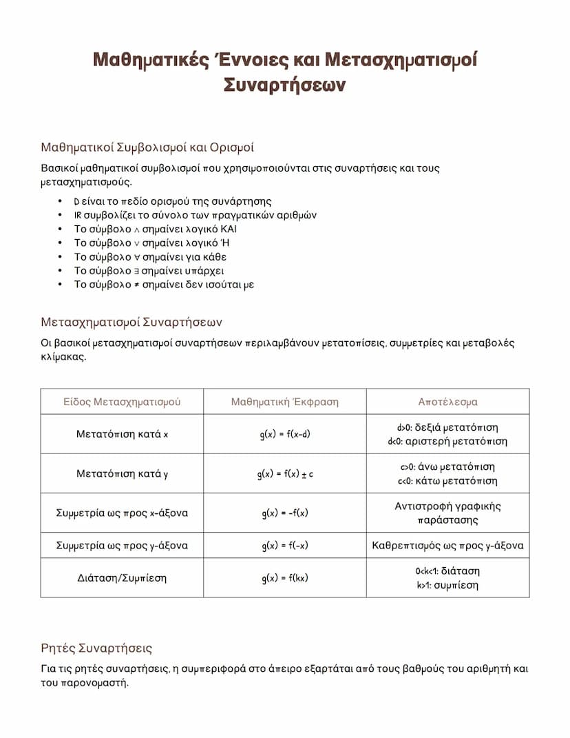 # Μαθηματικές 'Εννοιες και Μετασχηματισμοί Συναρτήσεων

## Μαθηματικοί Σύμβολοι και Ορισμοί
Βασικοί μαθηματικοί σύμβολοι που χρησιμοποιούντα