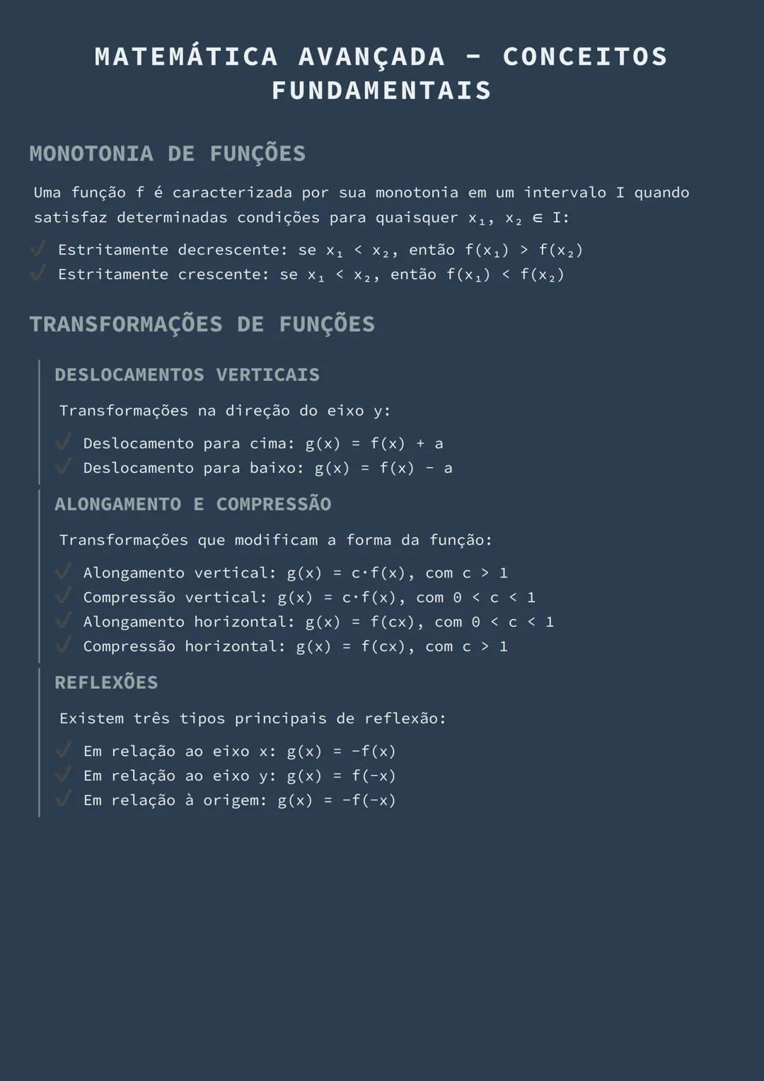 # MATEMÁTICA AVANÇADA - CONCEITOS
FUNDAMENTAIS

MONOTONIA DE FUNÇÕES

Uma função f é caracterizada por sua monotonia em um intervalo I quand