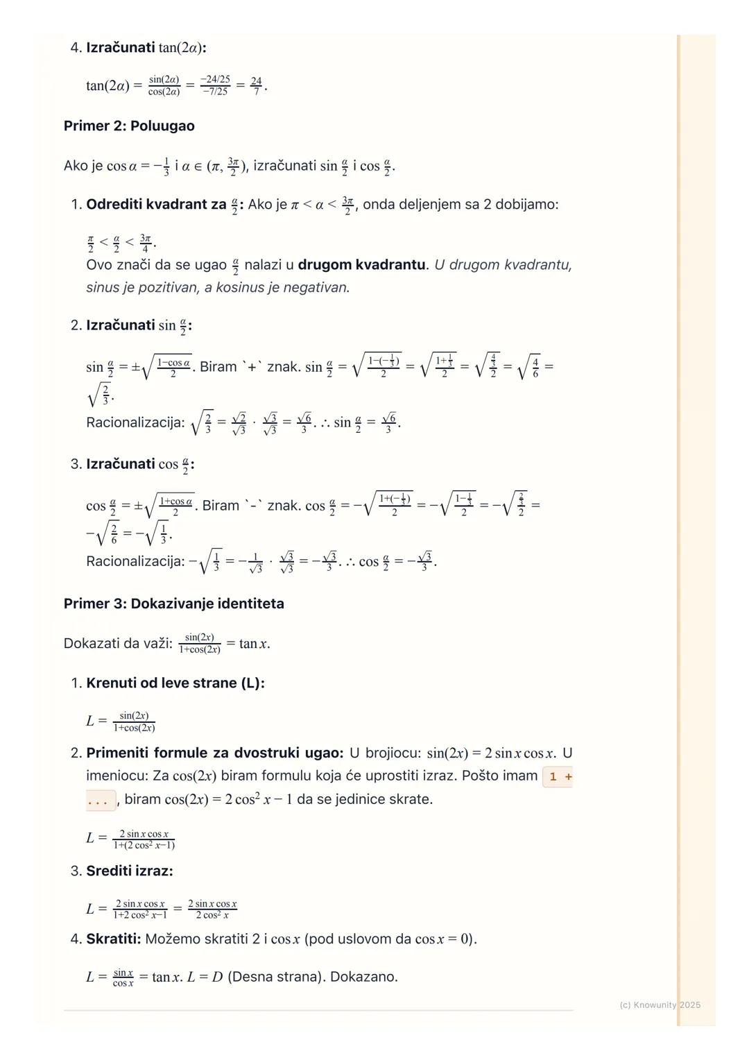 # Formule za dvostruki i
poluugao

Uvod i značaj

Formule za dvostruki i poluugao su izvedene iz adicionih formula. Jako su
važne jer nam om