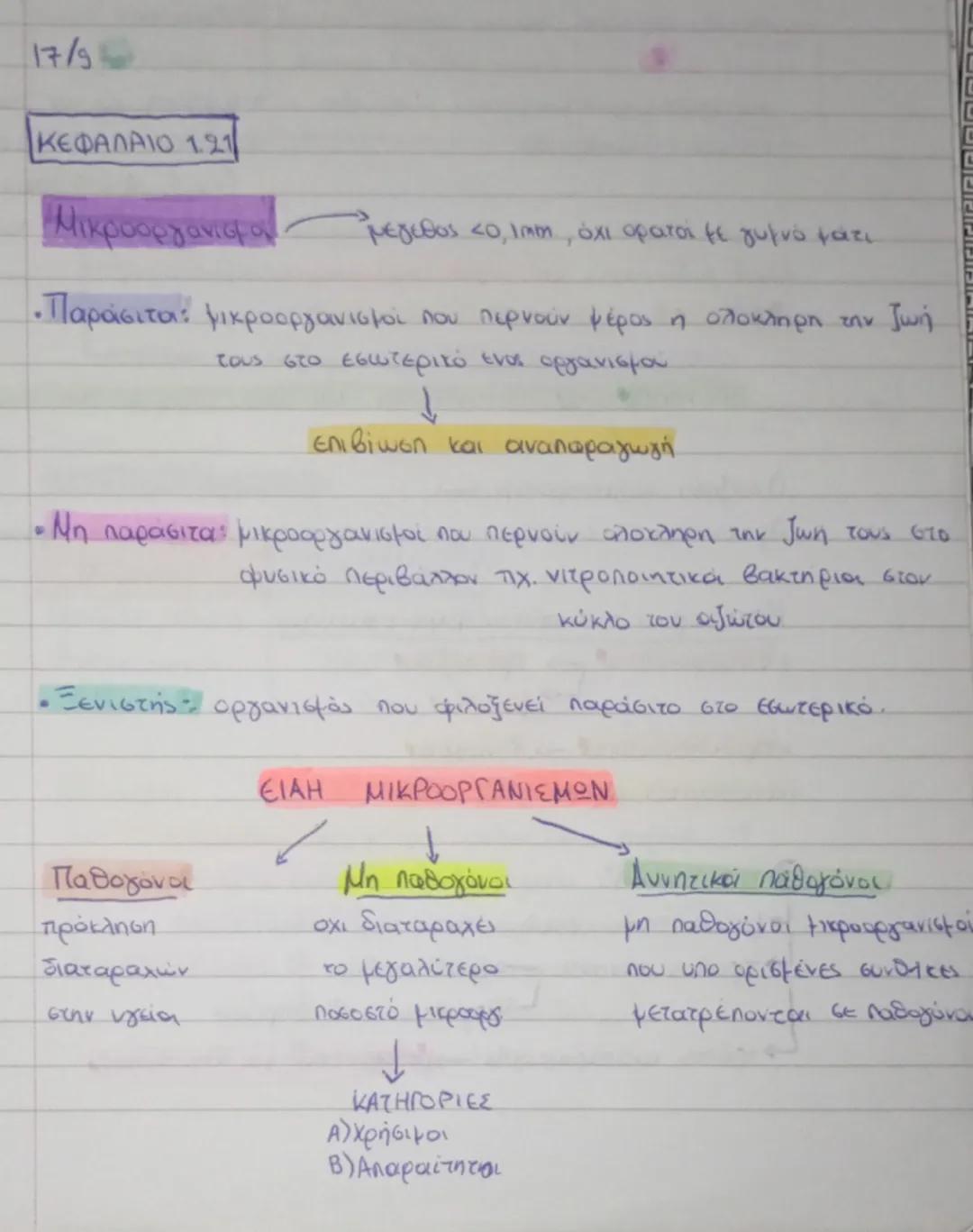 17/9
ΚΕΦΑΛΑΙΟ 1.21
Μικροοργανισμοί μεγεθος <0, 1mm, όχι ορατά με γυμνό μάτι
• Παράσιτα: μικροοργανισμοί που περνούν μέρος η ολοκληρη την ζωή