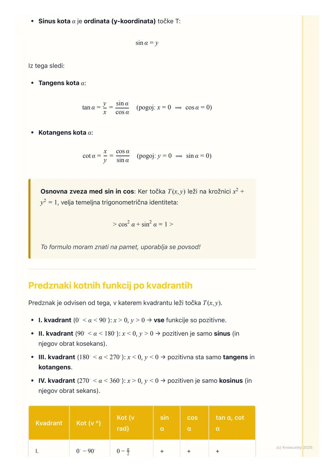 # Kotne funkcije v pravokotnem
trikotniku in na enotski
krožnici

Ponovitev kotnih funkcij v pravokotnem trikotniku

To je osnova, ki jo mor