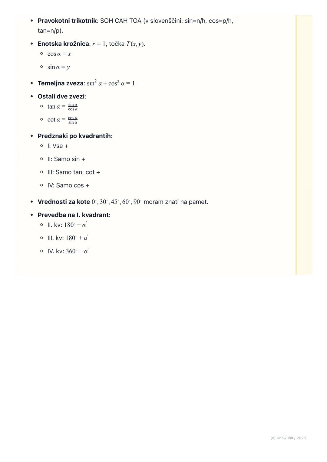 # Kotne funkcije v pravokotnem
trikotniku in na enotski
krožnici

Ponovitev kotnih funkcij v pravokotnem trikotniku

To je osnova, ki jo mor