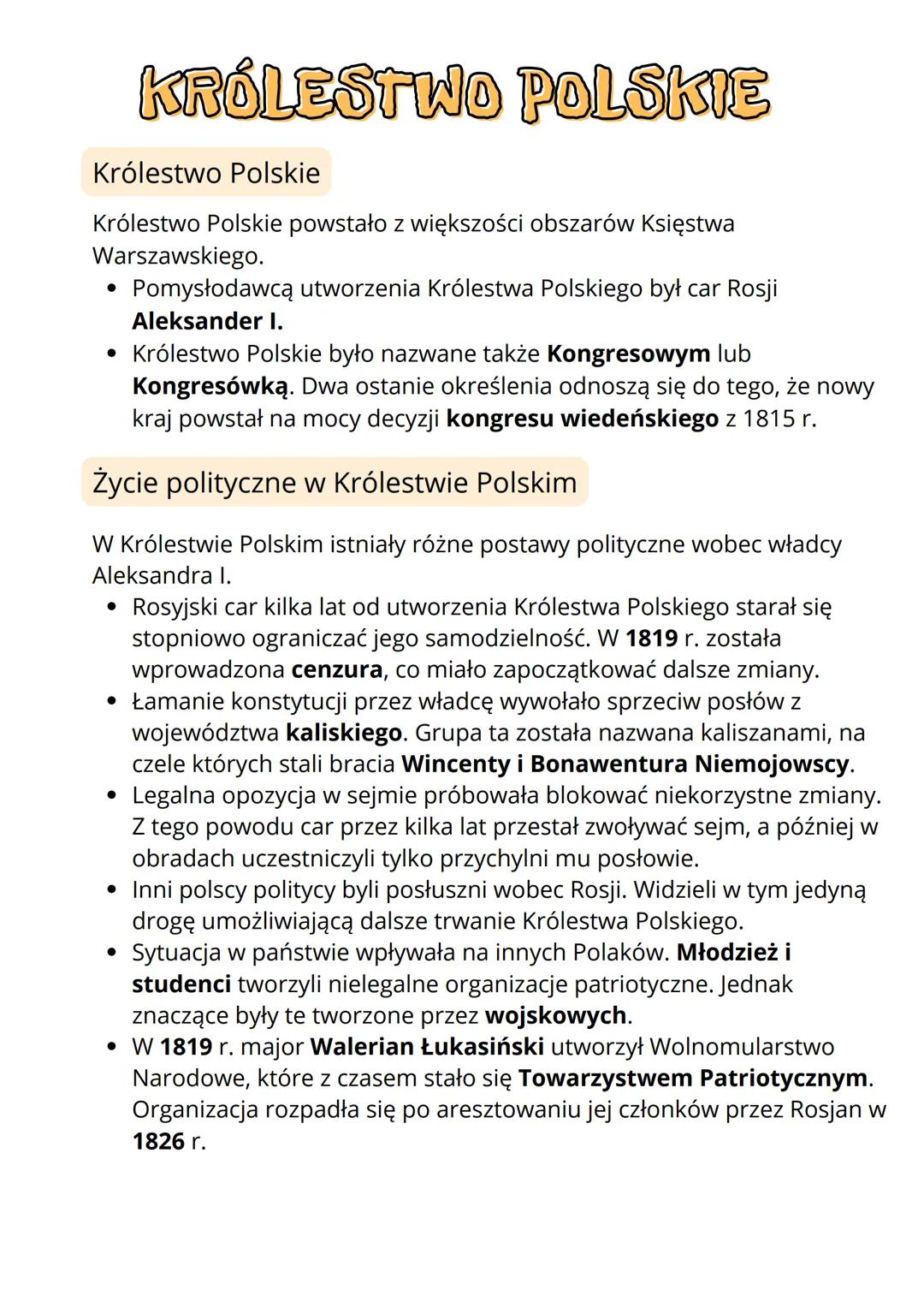 # KRÓLESTWO POLSKIE

Królestwo Polskie

Królestwo Polskie powstało z większości obszarów Księstwa
Warszawskiego.

*   Pomysłodawcą utworzeni