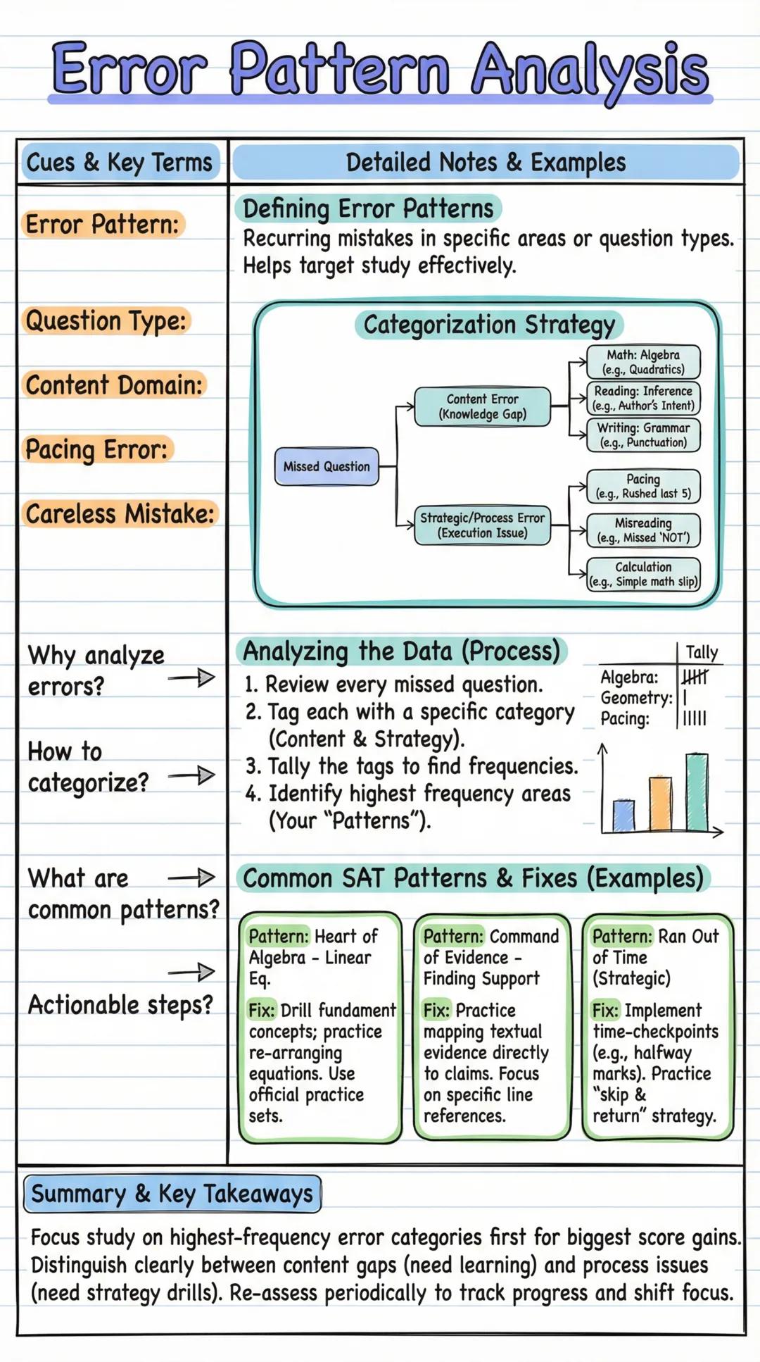 # Error Pattern Analysis

Cues & Key Terms

Error Pattern:

Question Type:

Content Domain:

Pacing Error:

Careless Mistake:

Why analyze
e