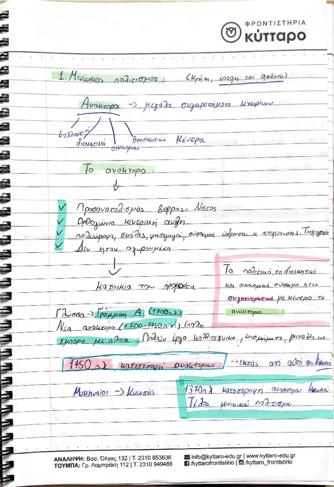 # 1. Μινωικός πολιτισμός  (Κρήτη, νησιά του Αιγαίου)

## Ανακτορο -> μεγάλη συγκρότημα κτηρίων

- κατοικίες
- Ποικιλία
- θρησκευτικά κέντρα
