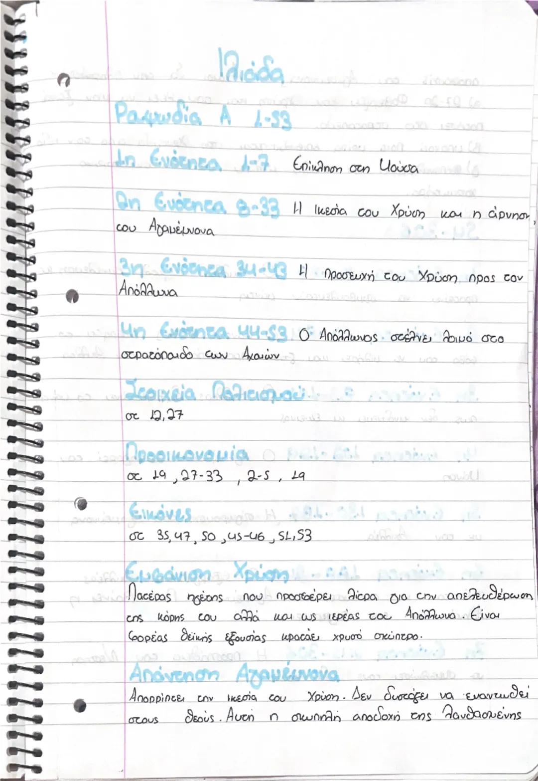 Ιλιάδα
Ραψωδία Α 1-33
1η Ενότητα 1-7 Επίκληση στη Μούσα
2η Ενότητα 8-33 Η ικεσία του Χρύση και η άρνηση,
του Αγαμέμνονα
3η Ενότητα 34-43 Η π