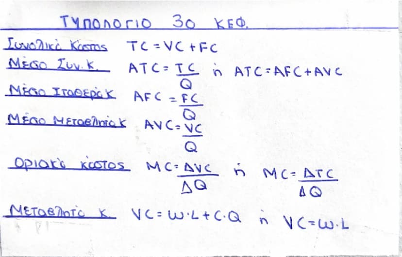 # ΤΥΠΟΛΟΓΙΟ 30 ΚΕΦ.

Συνολικό Κόστος  $TC = VC + FC$

Μέσος Συν. Κ.  $ATC = \frac{TC}{Q}$ ή $ATC = AFC + AVC$

Μέσος Σταθερό Κ.  $AFC = \fra
