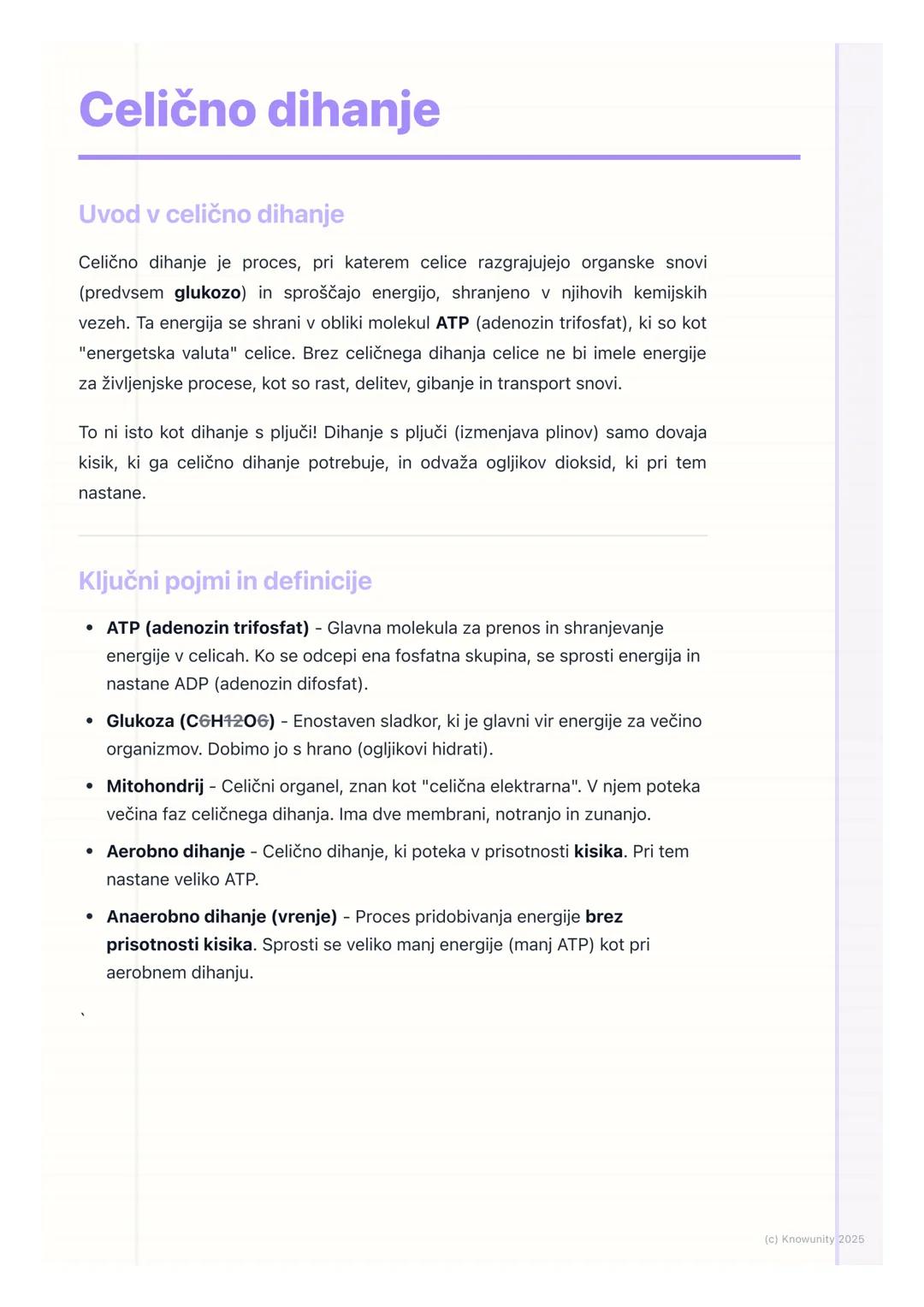 # Celično dihanje

Uvod v celično dihanje

Celično dihanje je proces, pri katerem celice razgrajujejo organske snovi
(predvsem glukozo) in s