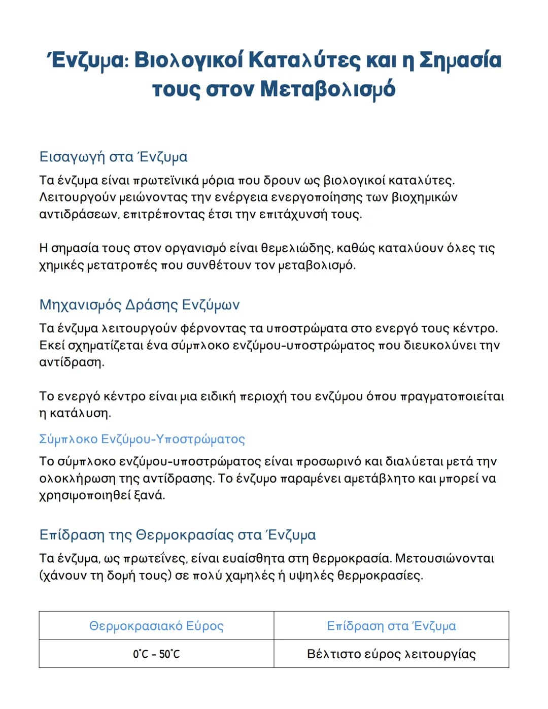 # <0°C

Μετουσίωση - Απώλεια
λειτουργικότητας

# > 50°C

Μετουσίωση - Απώλεια
λειτουργικότητας

# Κανόνας RGT (Κανόνας Ταχύτητας Αντίδρασης-