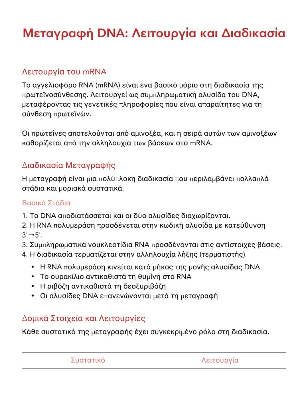 --- OCR Start ---
Μεταγραφή DNA: Λειτουργία και Διαδικασία
Λειτουργία του mRNA
Το αγγελιοφόρο RNA (mRNA) είναι ένα βασικό μόριο στη διαδικασ
