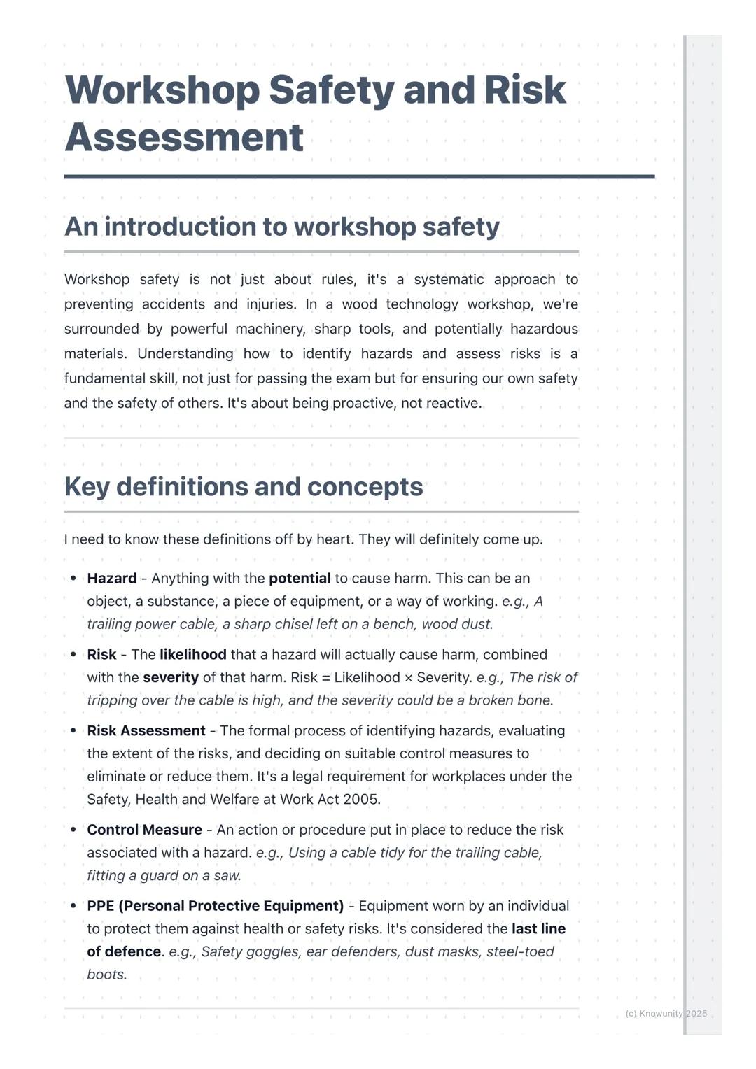 # Workshop Safety and Risk
Assessment

An introduction to workshop safety

Workshop safety is not just about rules, it's a systematic approa
