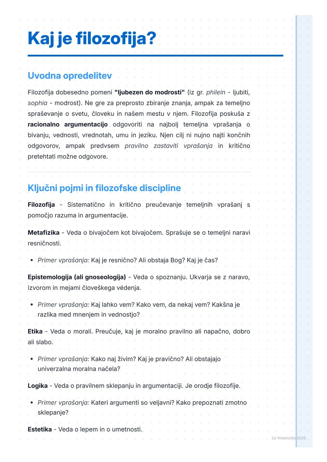 # Kaj je filozofija?

## Uvodna opredelitev

Filozofija dobesedno pomeni "ljubezen do modrosti" (iz gr. philein - ljubiti,
sophia - modrost)