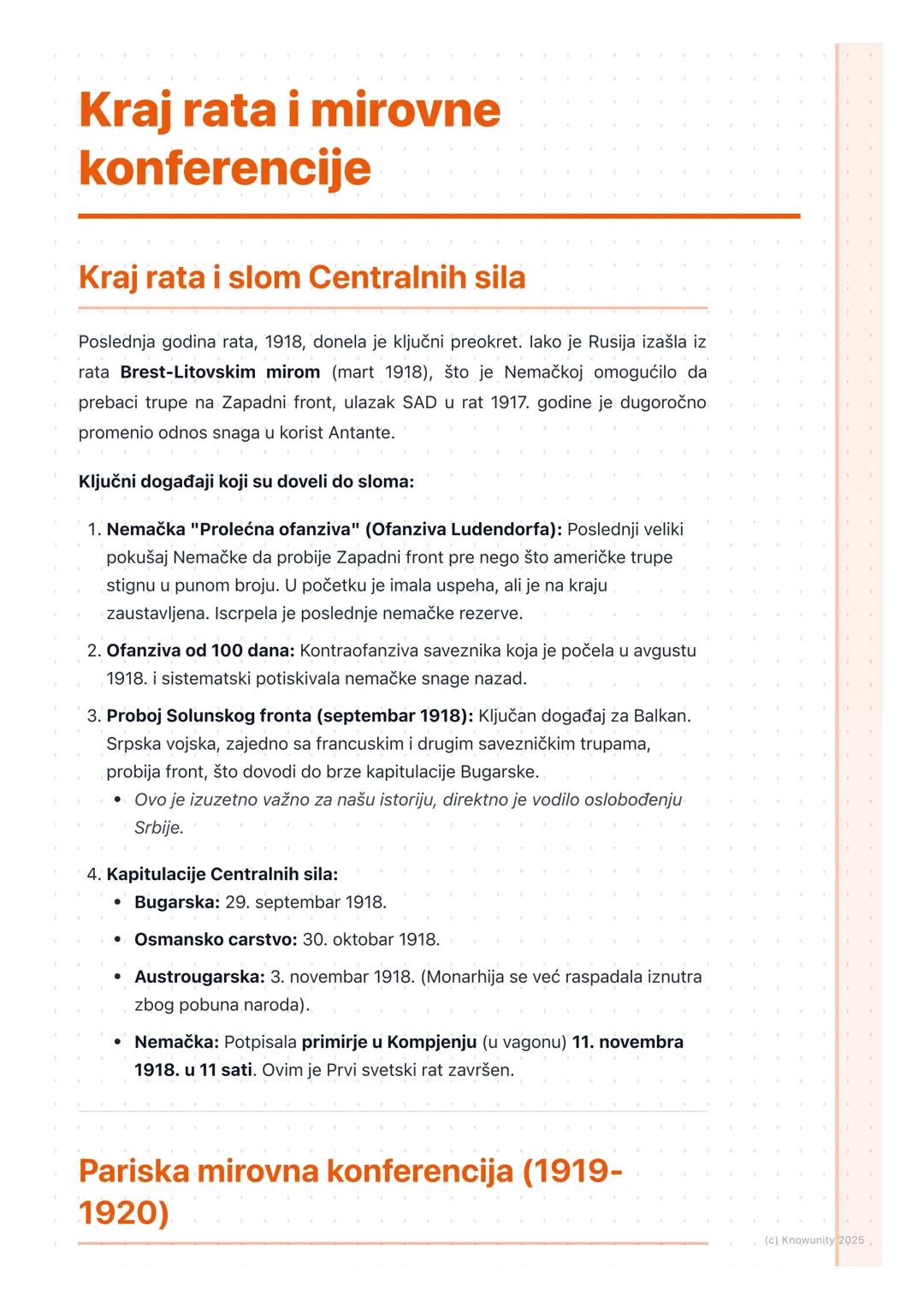 # Kraj rata i mirovne
konferencije

Kraj rata i slom Centralnih sila

Poslednja godina rata, 1918, donela je ključni preokret. lako je Rusij