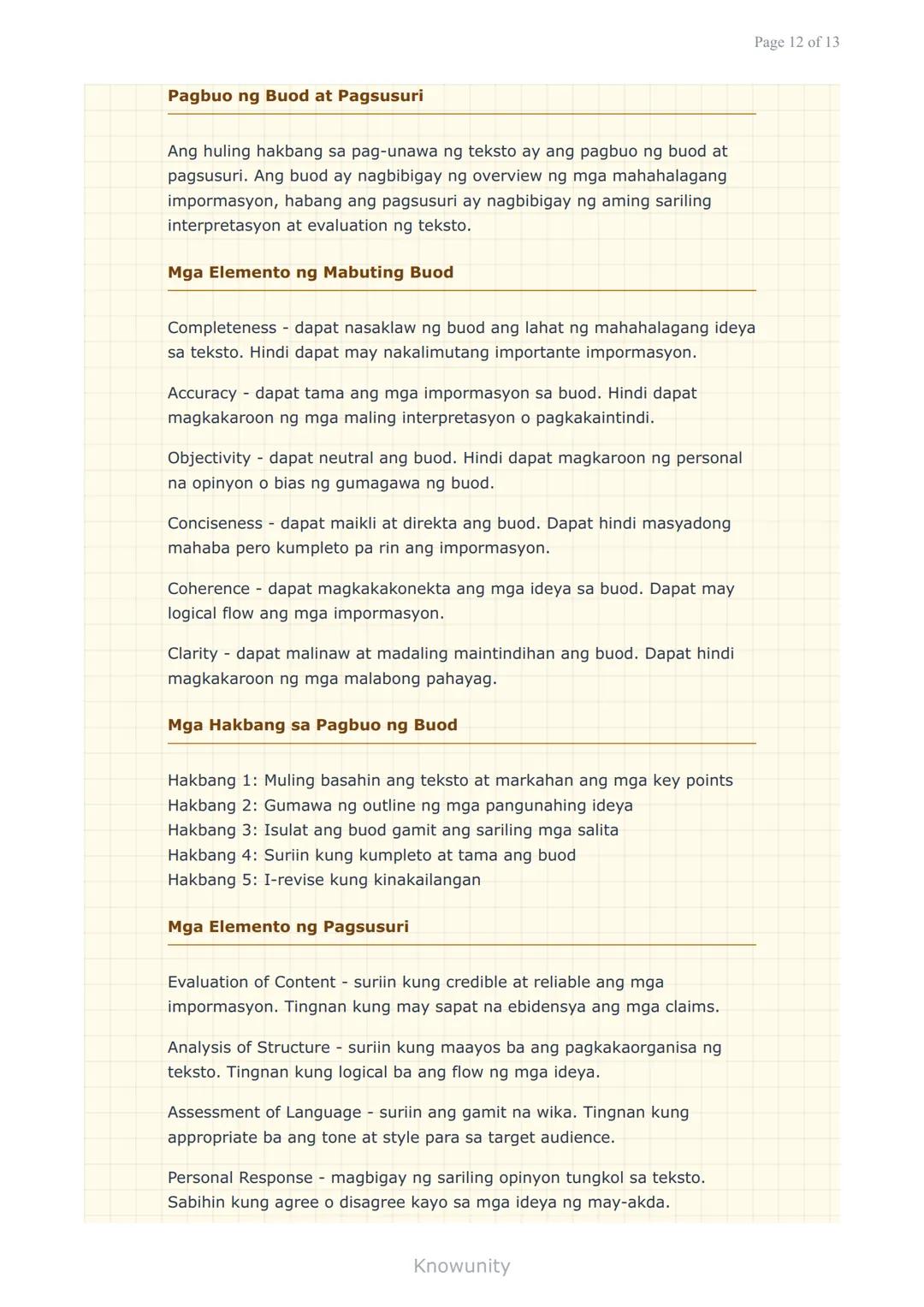 --- OCR Start ---
Pag-unawa at Pagsusuri ng Iba't Ibang Teksto
Pagkilala ng mahahalagang impormasyon at detalye
sa iba't ibang uri ng teksto