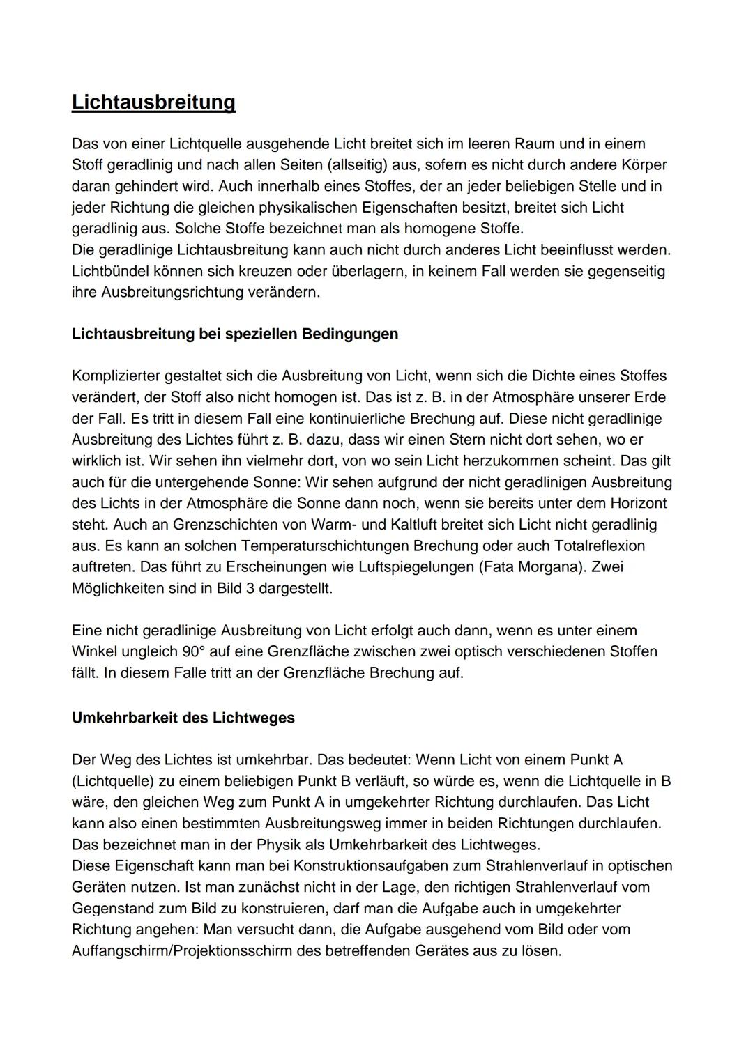 # Lichtausbreitung

Das von einer Lichtquelle ausgehende Licht breitet sich im leeren Raum und in einem
Stoff geradlinig und nach allen Seit