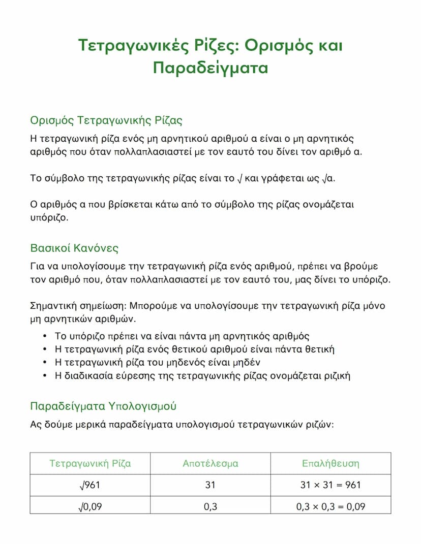 --- OCR Start ---
Τετραγωνικές Ρίζες: Ορισμός και
Παραδείγματα
Ορισμός Τετραγωνικής Ρίζας
Η τετραγωνική ρίζα ενός μη αρνητικού αριθμού α είν