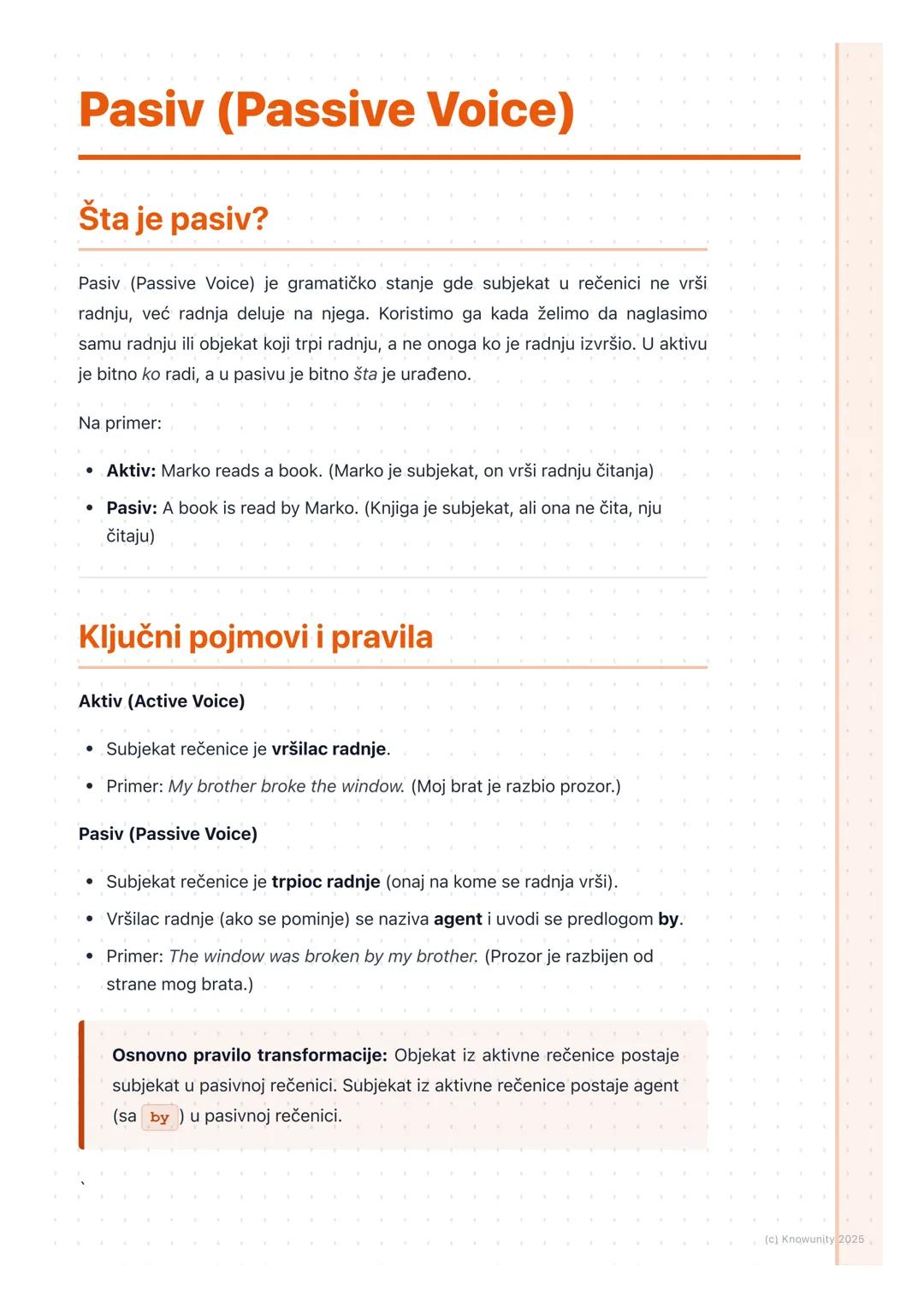 # Pasiv (Passive Voice)

Šta je pasiv?

Pasiv (Passive Voice) je gramatičko stanje gde subjekat u rečenici ne vrši
radnju, već radnja deluje