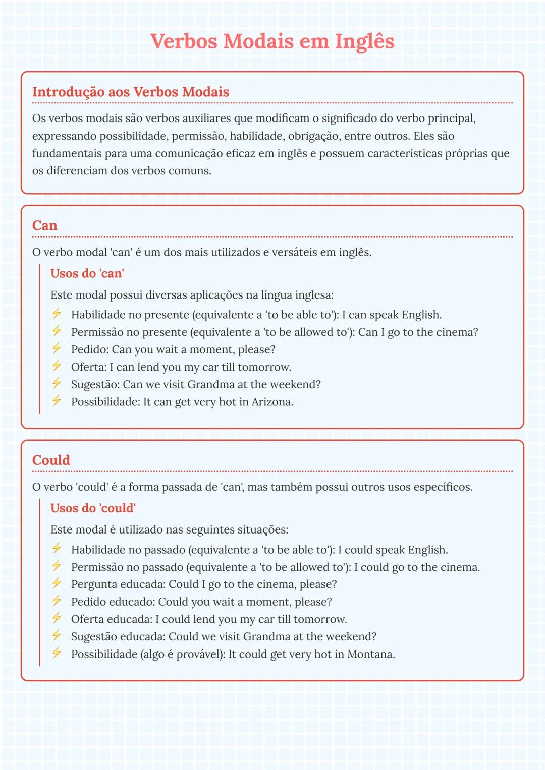 # Verbos Modais em Inglês

## Introdução aos Verbos Modais

Os verbos modais são verbos auxiliares que modificam o significado do verbo prin