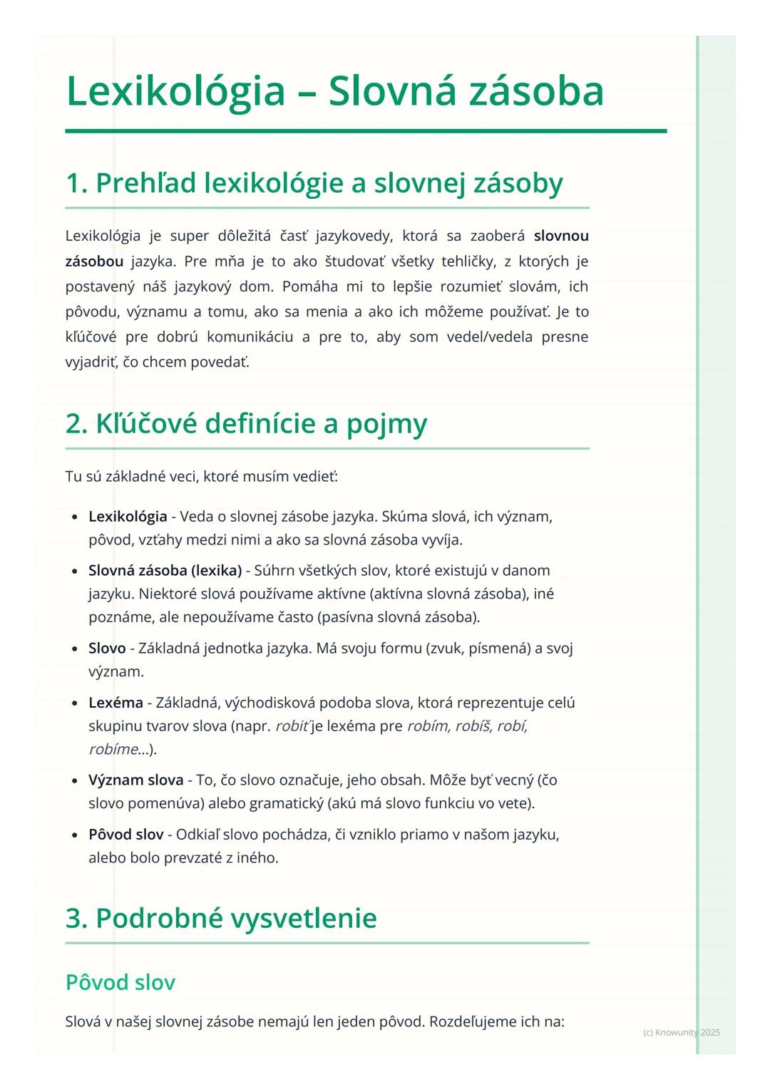 # Lexikológia - Slovná zásoba

## 1. Prehľad lexikológie a slovnej zásoby

Lexikológia je super dôležitá časť jazykovedy, ktorá sa zaoberá s