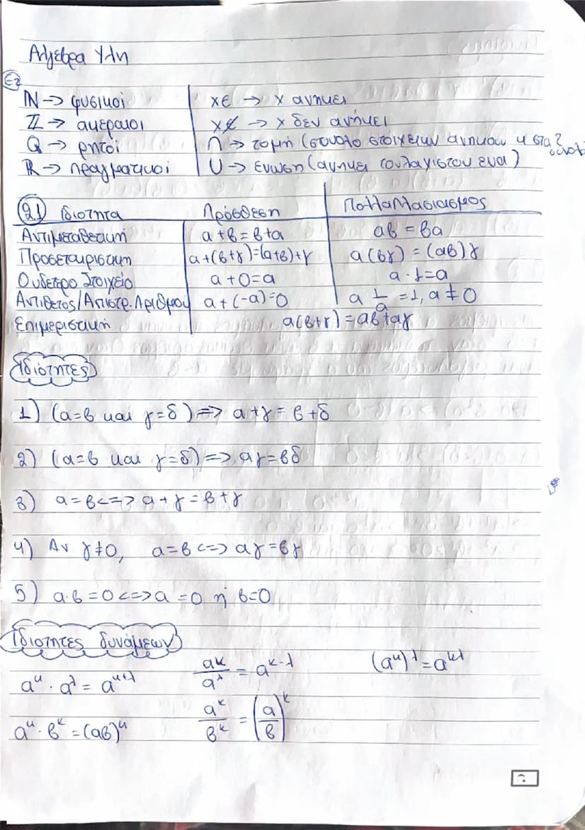 Αλγεβρα Ύλη
Ν → φυσικοί
Ζ → ακέραιοι
Q → ρητοί
R → πραγματικοί
Xe → χ ανήκει
Xe → χ δεν ανήκει
X → τομή (σύνολο στοιχείων ανήκουν 4 στα 2)
U