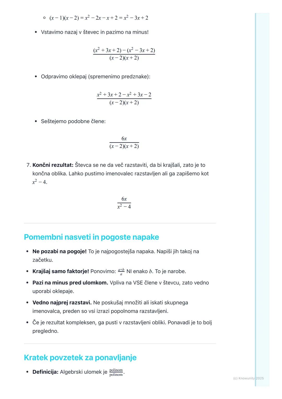 # Algebrski ulomki

Uvod v algebrske ulomke

Algebrski ulomki so v bistvu posplošitev navadnih ulomkov, s katerimi že
znamo računati. Razlik