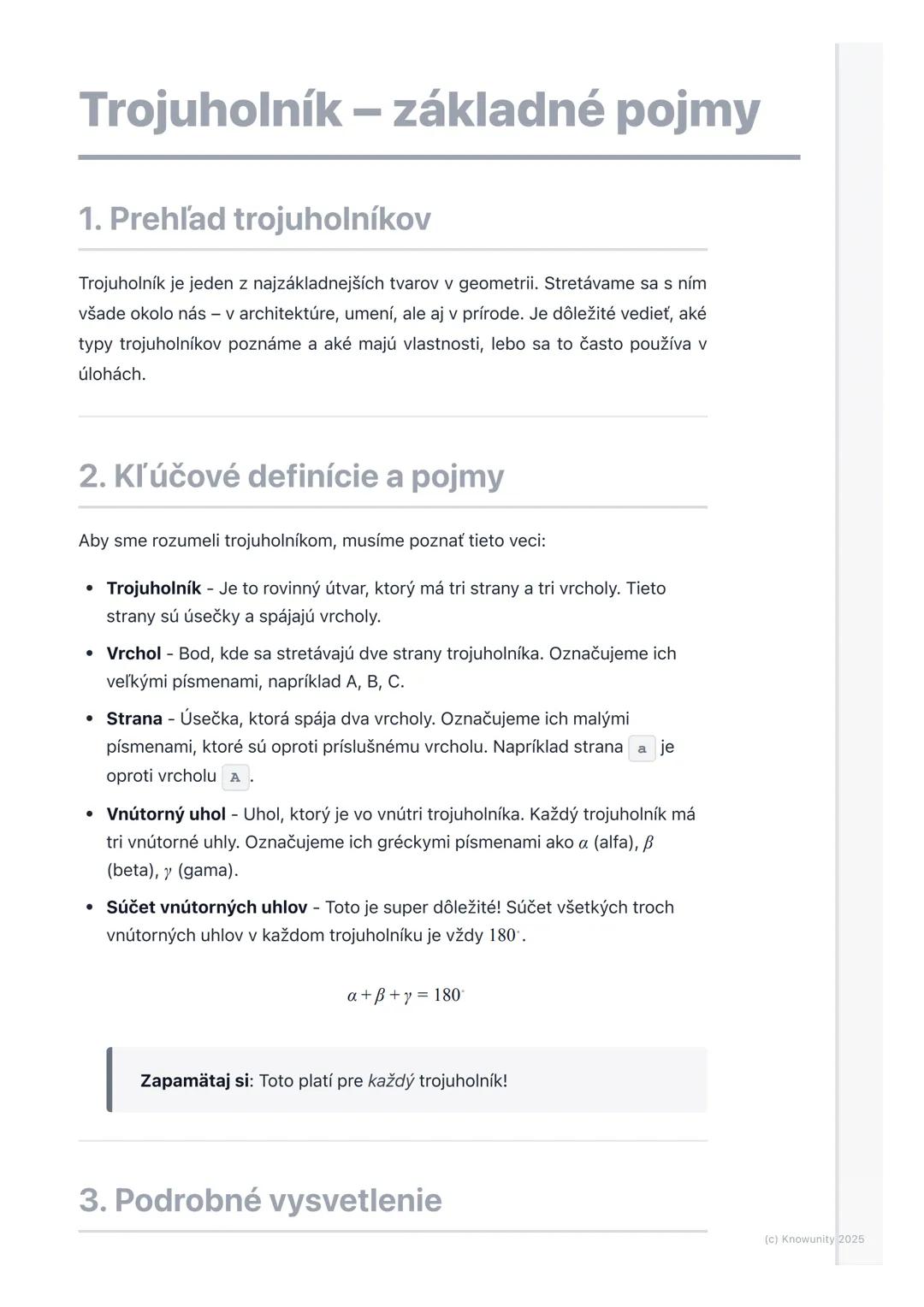 # Trojuholník - základné pojmy

1. Prehľad trojuholníkov

Trojuholník je jeden z najzákladnejších tvarov v geometrii. Stretávame sa s ním
vš