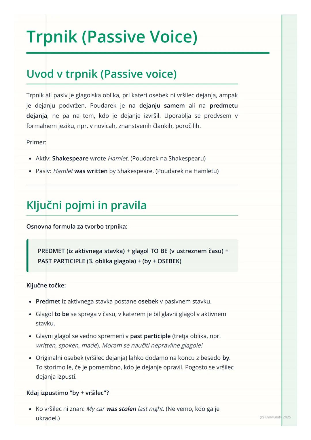 # Trpnik (Passive Voice)

Uvod v trpnik (Passive voice)

Trpnik ali pasiv je glagolska oblika, pri kateri osebek ni vršilec dejanja, ampak
j