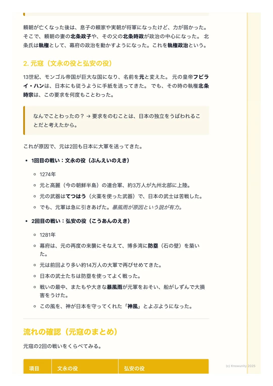 # 鎌倉幕府と元寇

鎌倉幕府の始まりと武士の世の中

平清盛たち平氏をたおした後、源頼朝が武士による政治のしくみを整えた。これ
が鎌倉幕府。天皇や貴族中心の政治から、武士が中心の世の中に変わっていく
大事な時代。このノートでは、鎌倉幕府のしくみと、外国から日本がせめられ
た「元