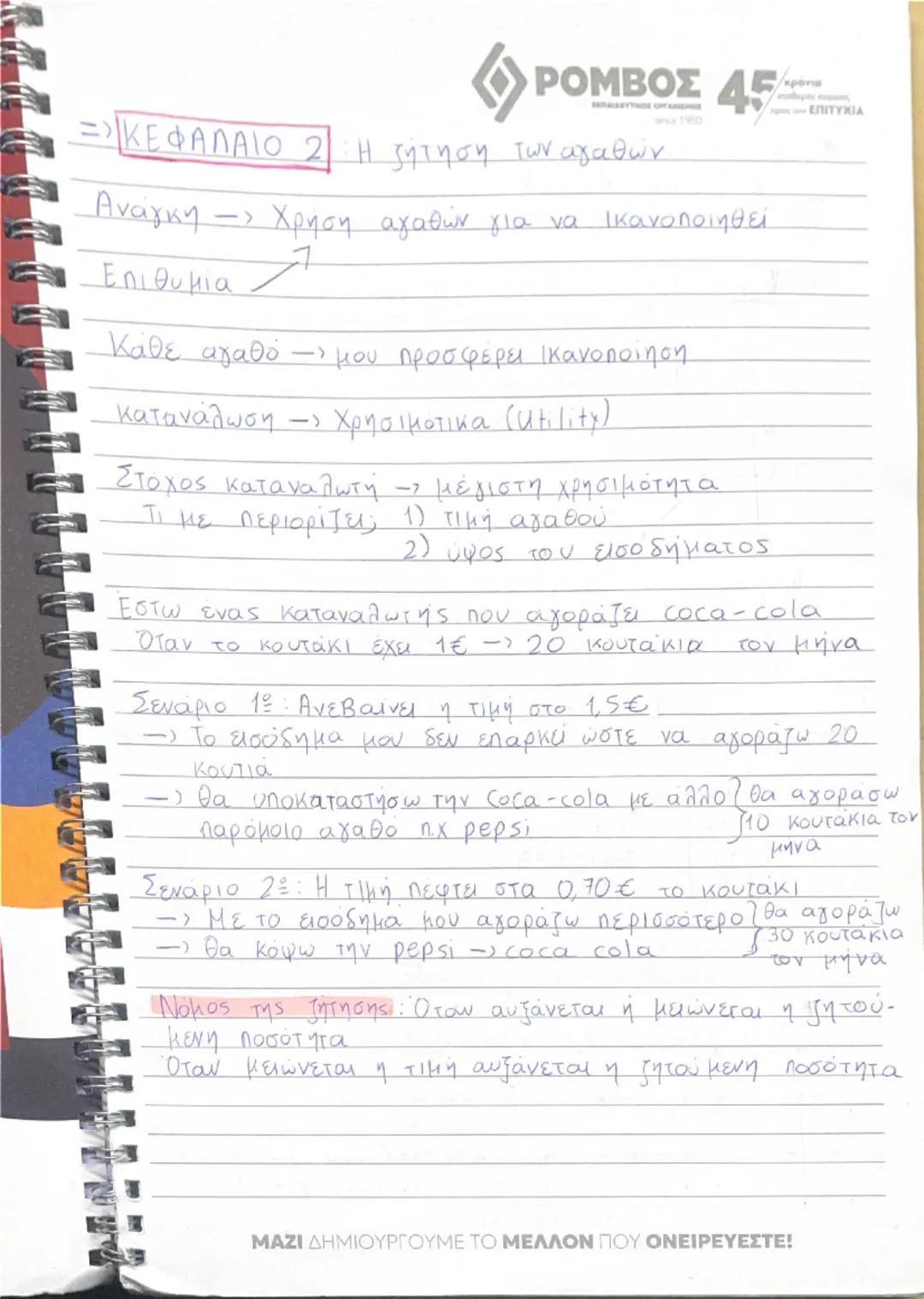 --- OCR Start ---
«ΡΟΜΒΟΣ 45
=> ΚΕΦΑΛΑΙΟ 2: Η ζήτηση των αγαθών
Ανάγκη – Χρηση αγαθών για να ικανοποιηθεί
Επιθυμία
Κάθε αγαθό – μου προσφέρε
