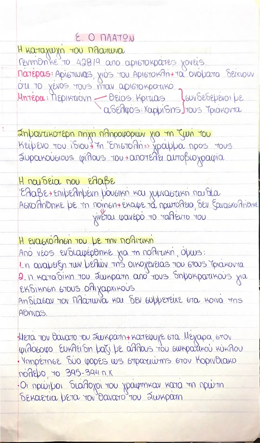 # Ε. Ο ΠΛΑΤΩΝ

## Η καταγωγή του Πλάτωνα
Γεννήθηκε το 428/9 από αριστοκρατες γονείς.
**Πατέρας:** Αριστώνωνας, γιος του Αριστοκλή τα ονόματα